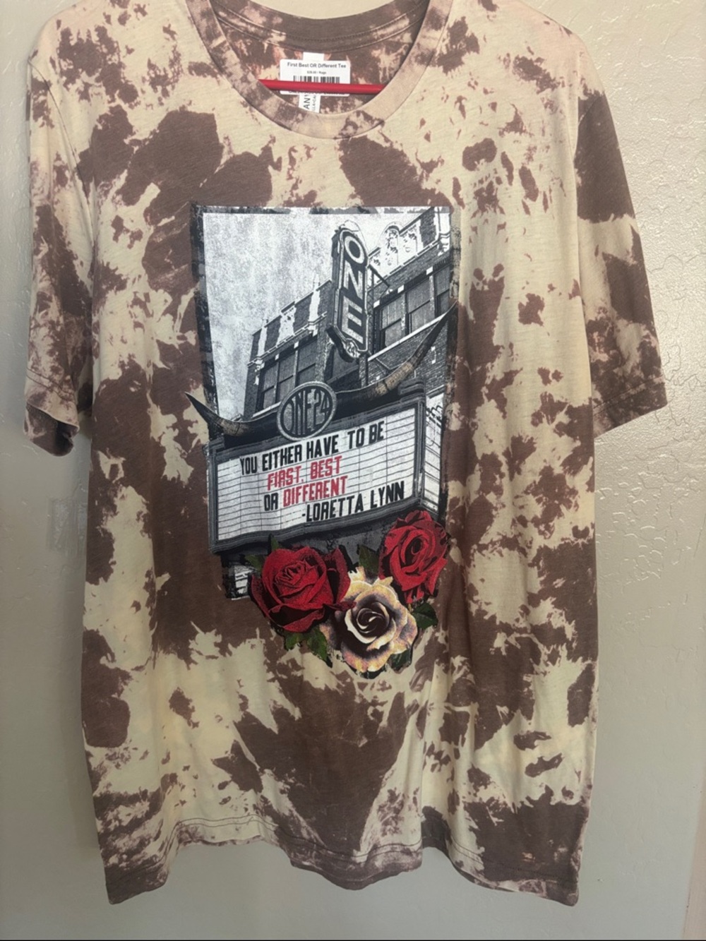 One 24 Rags Bella Canvas Brown and Cream Tie-Dye Graphic Tee with Rose Motif